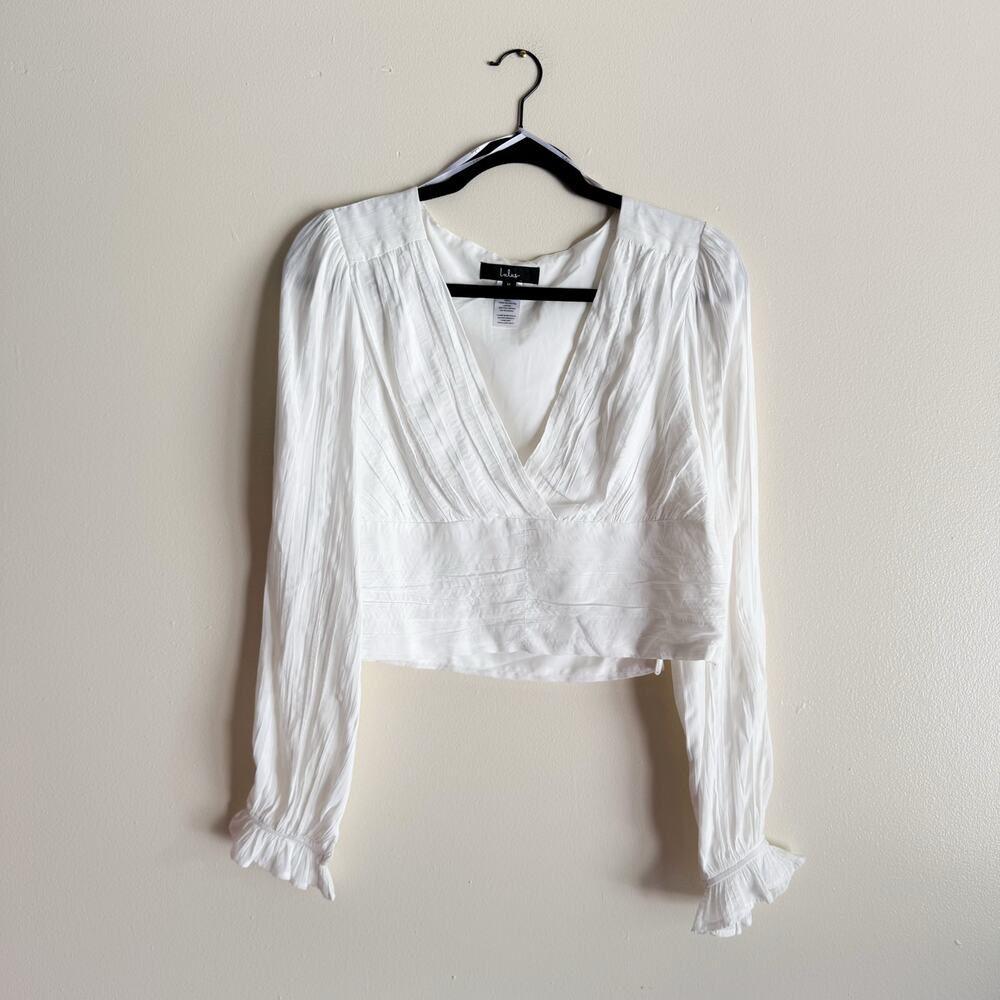 Lulu's White Bring the Pleat White Pleated Long Sleeve Cropped Top - Medium - Picture 2 of 9